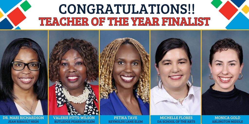A graphic fhat shows a photo of each of the five Teacher of the Year finalists. Names and the schools they represent are in the caption.