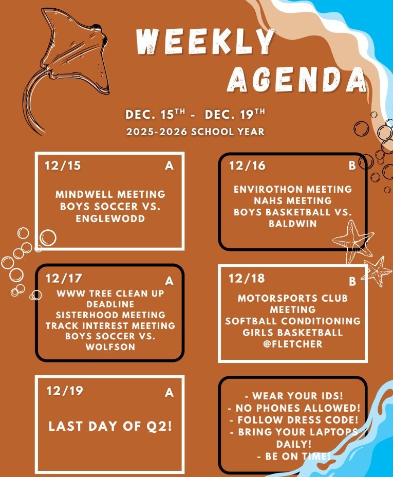 ACHS Weekly Agenda for 12-15-25 to 12-19-25. See post for more information.