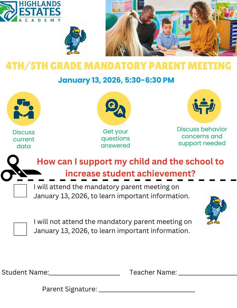 Gives information for the 4th and 5th grade parent meeting on January 13th. 