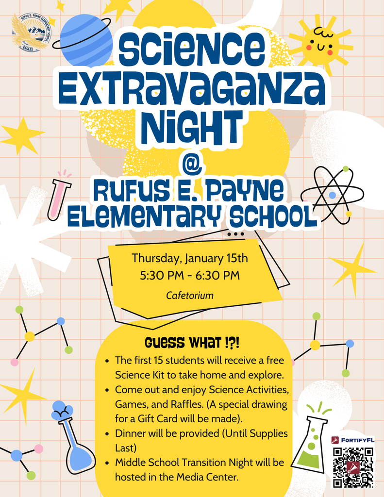 Flyer about Science Extravaganza Night on January 15, 2026 from 5:30 - 6:30 with science icons. 