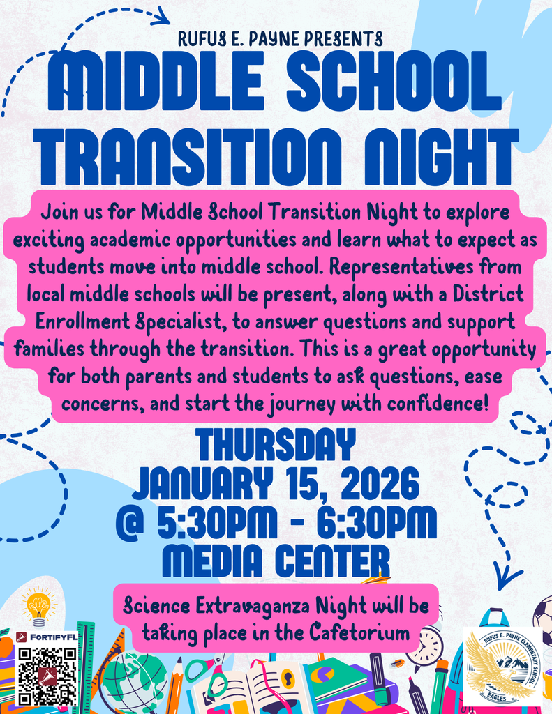 Flyer of Middle School Transition Night on January 15, 2026, from 5:30 - 6:30 with school supplies icons. 