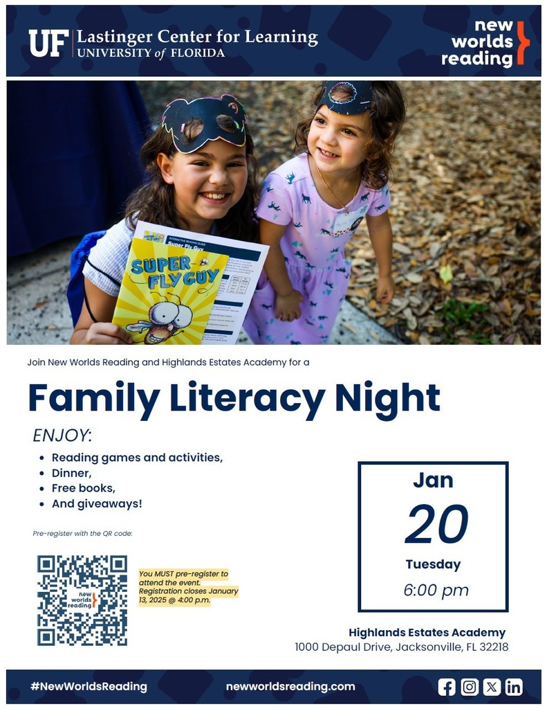 The deadline to register for Literacy Night is January 13th using the QR code. Literacy Night is January 20th at 6:00 p.m. 