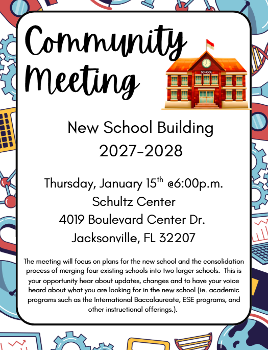 "New School"/"Community Meeting" invitation (Jan 15th) English flyer