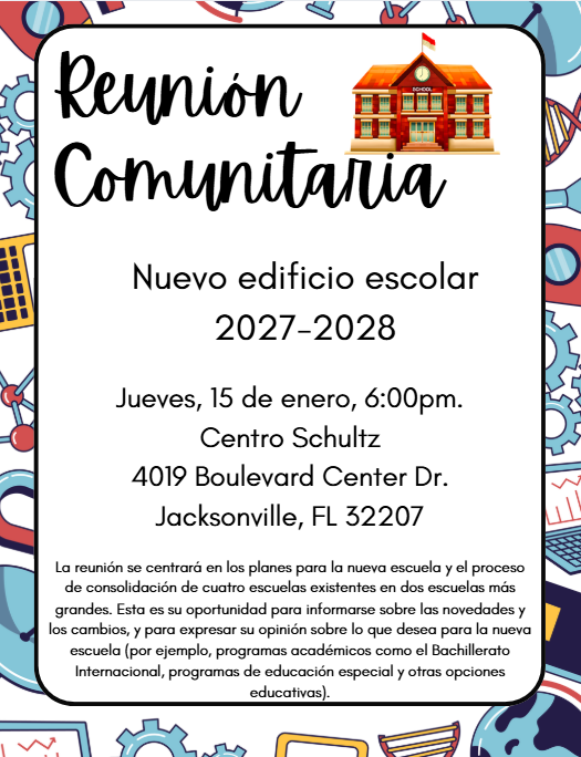 "New School"/"Community Meeting" invitation (Jan 15th) Spanish flyer