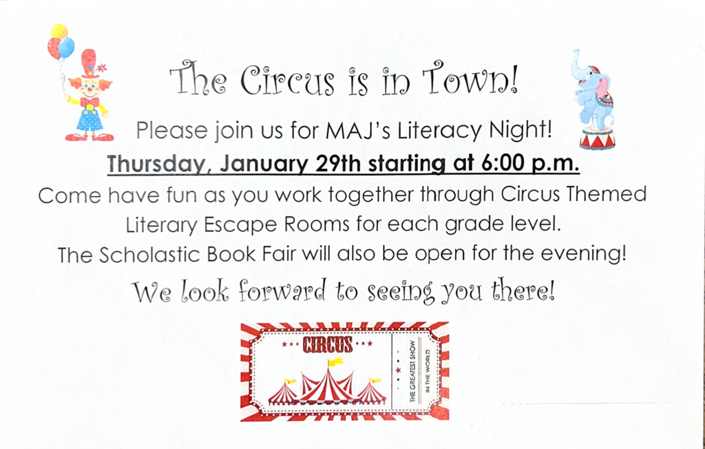 Literacy Night Event Flyer for Thursday, January 29th at 6:00 pm.