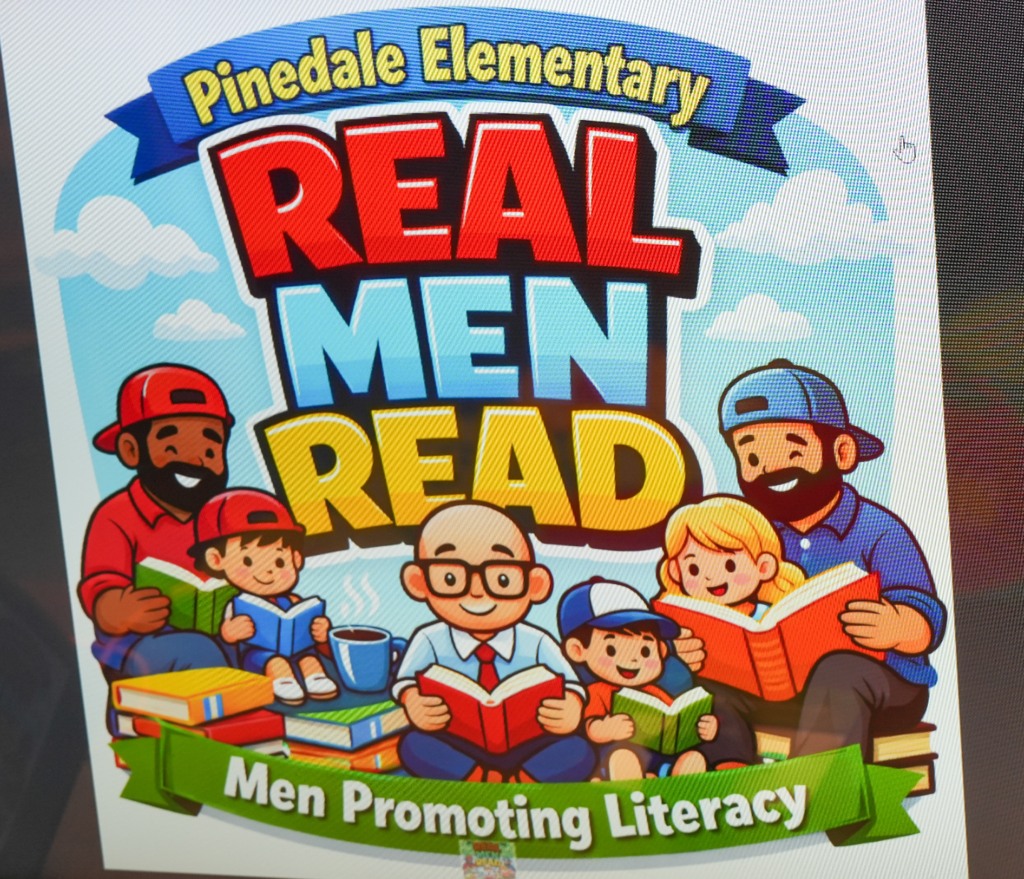 A colorful Real Men Read graphic featuring illustrated books and bold lettering promoting literacy.