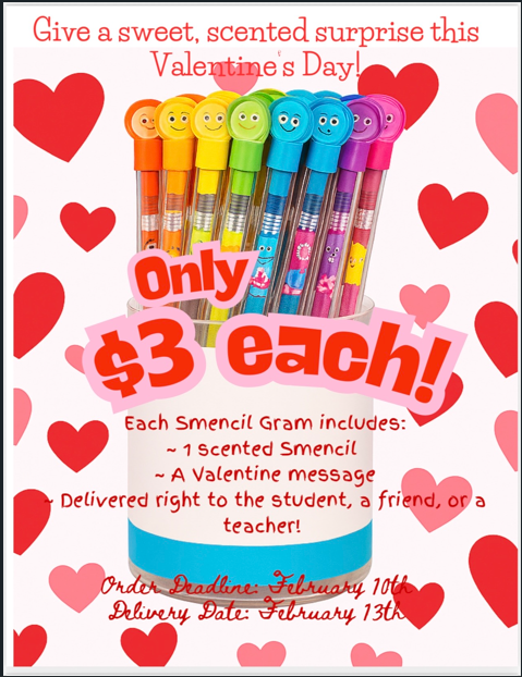 Smencil flyer of scented pencils in a cups with words and hearts in the background