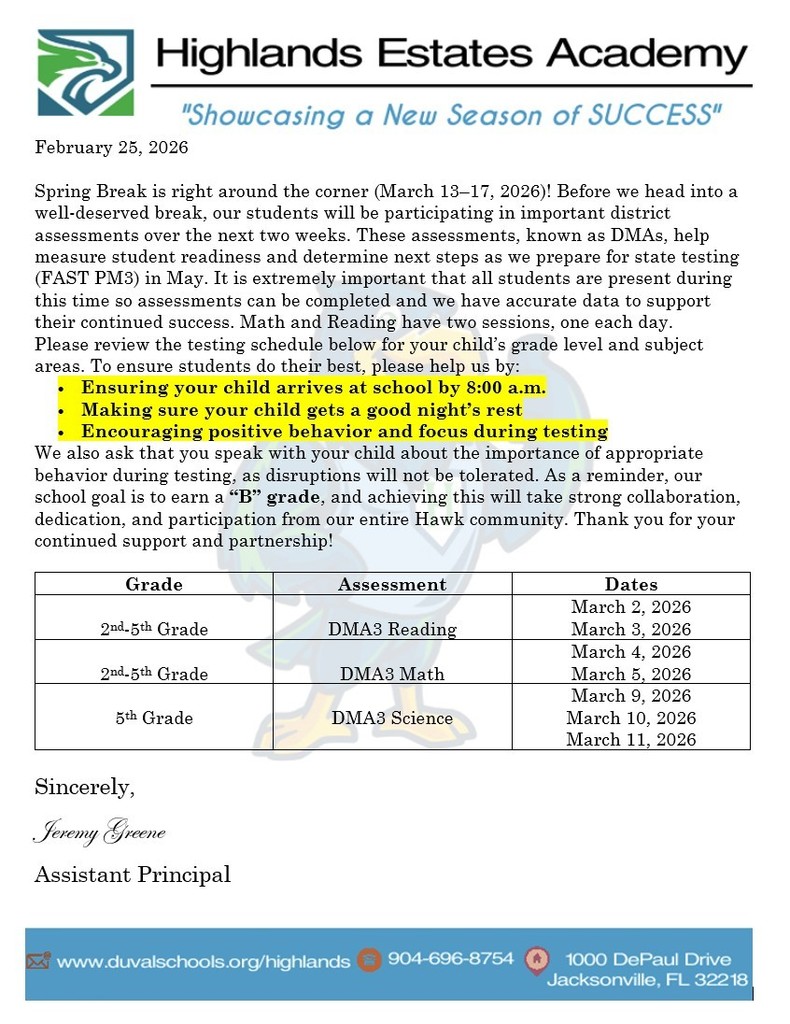 This is the copy of the letter being sent home with the dates for the testing for 2nd-5th. Reading is March 2nd and 3rd. Math is March 4th and 5th. Science is March 9th, 10th, and 11th.