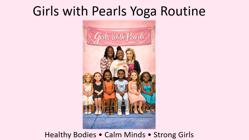 AI generated image of Girls with Pearls sponsors and girls sitting. It's a flyer for Yoga Routine.
