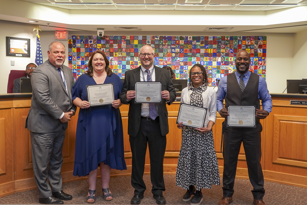 Exceeding Expectations Award, principals from Holiday Hill Elementary, Andrew Jackson High School, Northwestern Legends Elementary, and Oceanway Elementary
