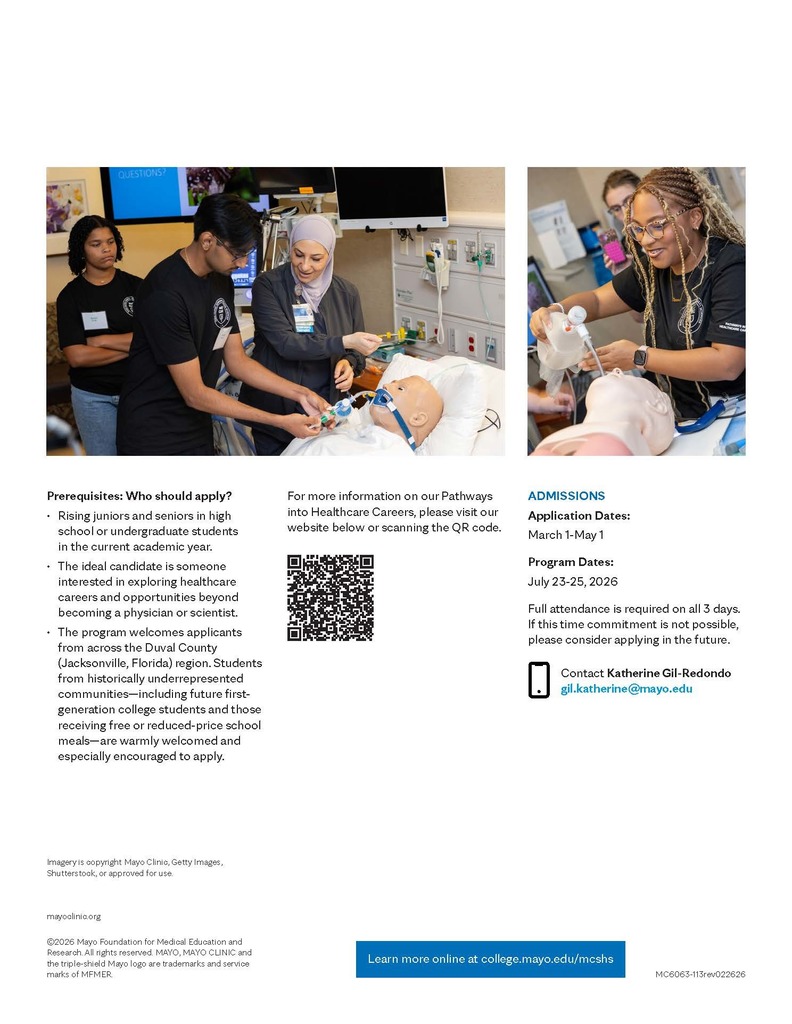 Pathways into Healthcare Careers Program with Mayo Clinic. See post for details.