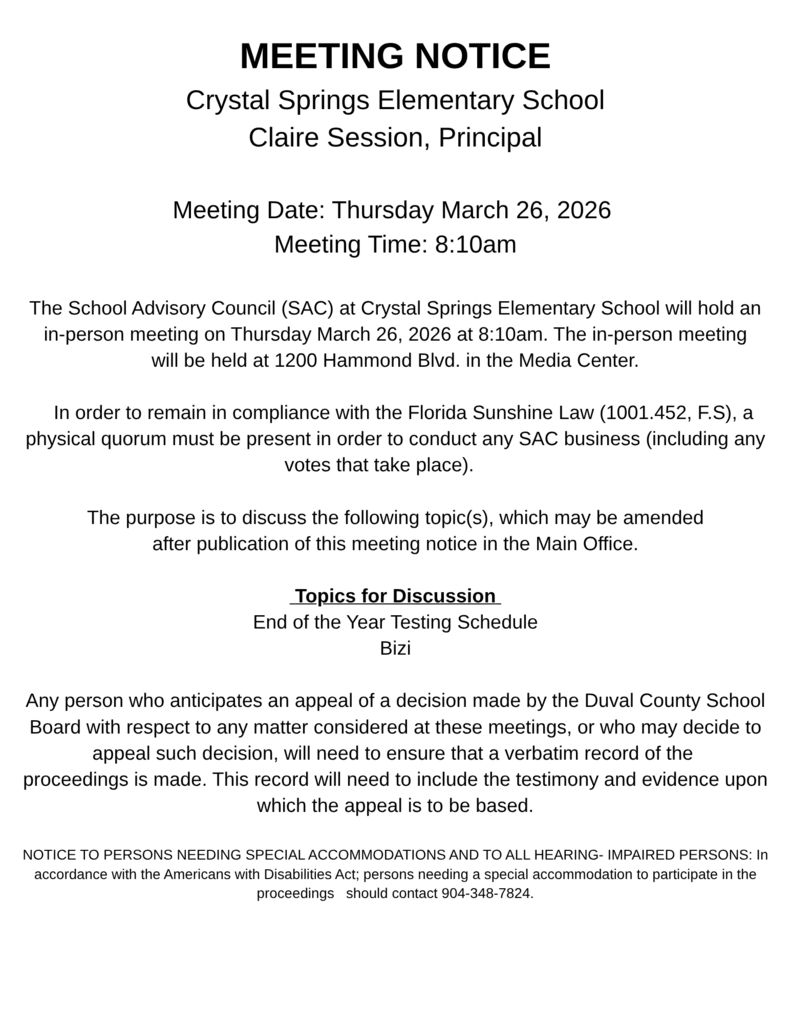 Crystal Springs Elementary March SAC Meeting Notice