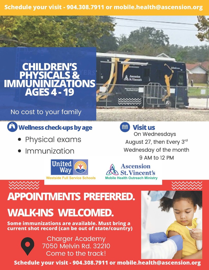 CHILDREN’S PHYSICALS & IMMUNINIZATIONS AGES 4 - 19; Schedule your visit - 904.308.7911 or mobile.health@ascension.org