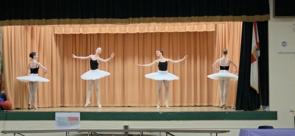 four ballerinas in practice tutus