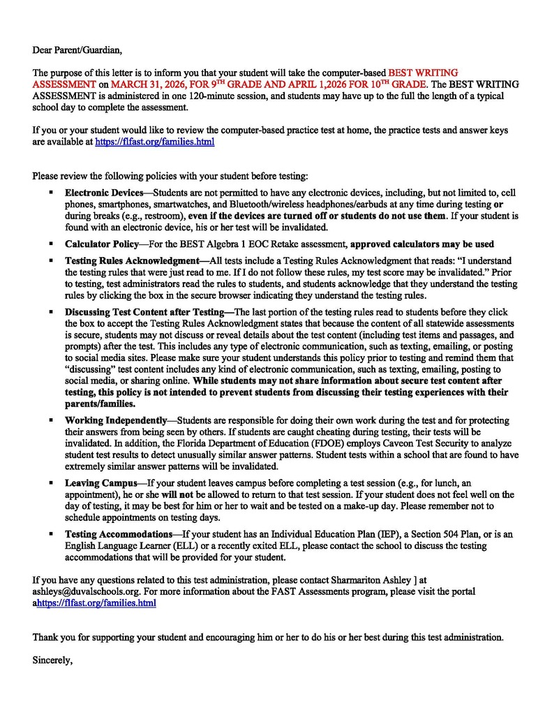 BEST Writing Assessment Notification