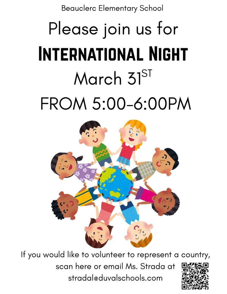 Please join us for international night, March 31st from 5:00 - 6:00 p.m. 