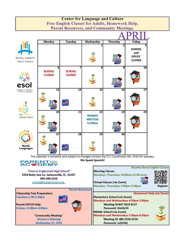 Center for language and Culture; April calendar