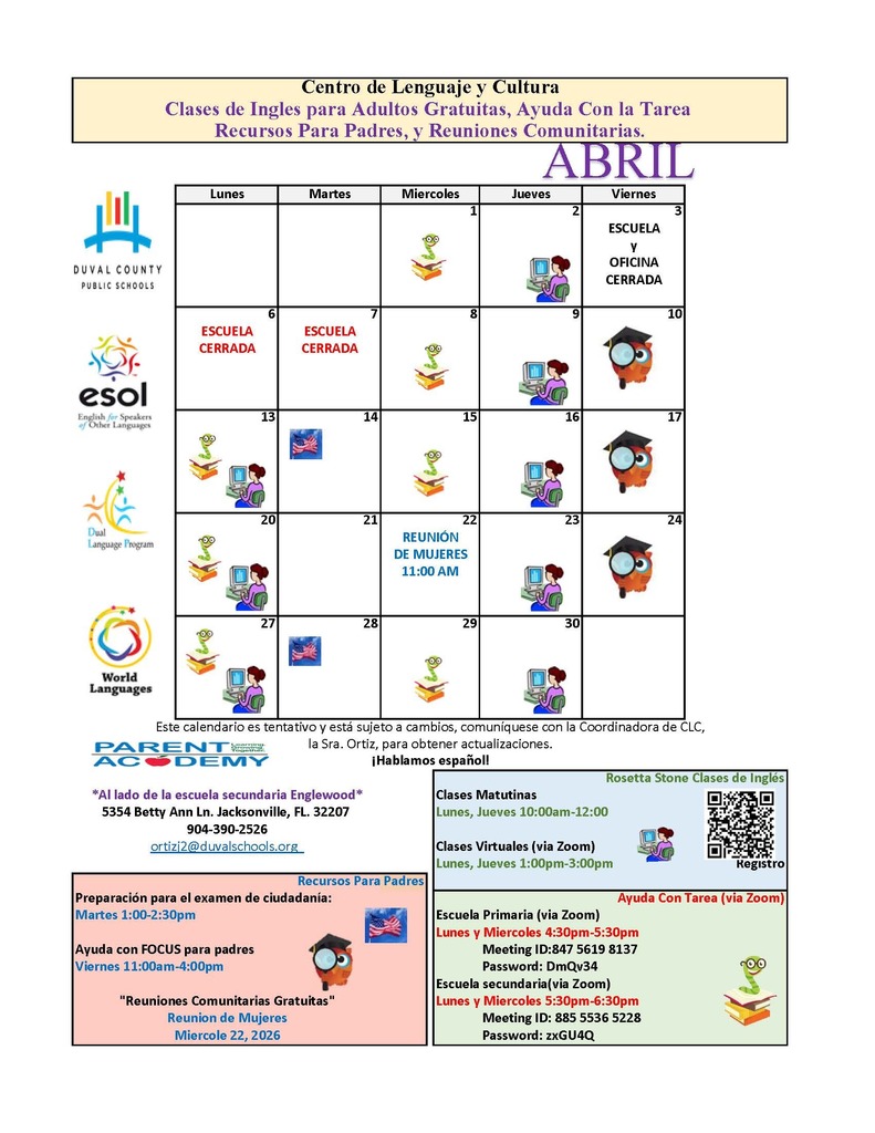 Centro de Lenguaje y Cultura; Clases de Ingles para Adultos Gratuitas, Ayuda Con la Tarea Recursos Para Padres, y Reuniones Comunitarias.; April Calendar