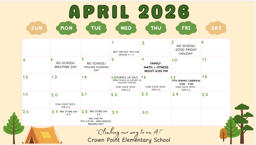 Updated Crown Point Family Calendar - April