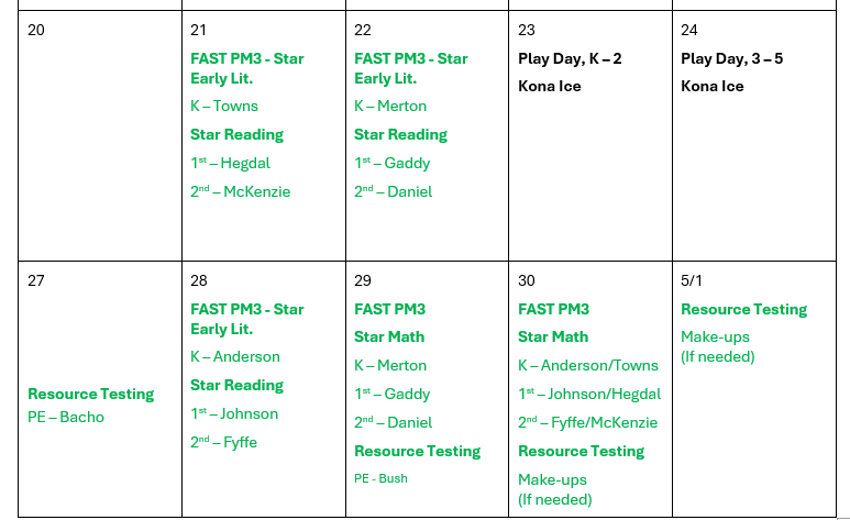 K-2 Spring Testing 2026