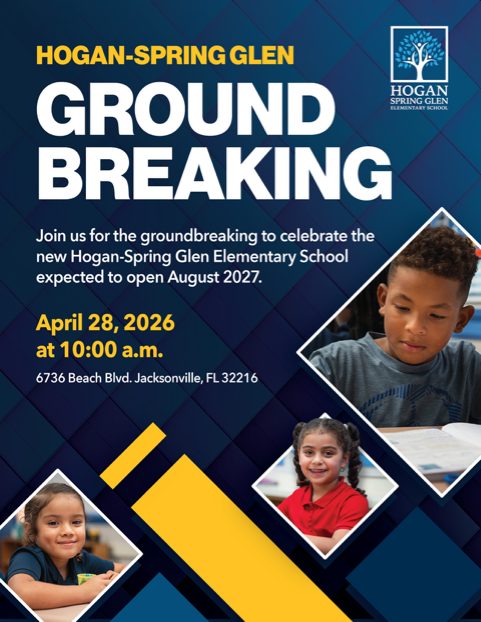 Hogan-Spring Glen Ground Breaking Ceremony April 28, 2026 at 10:00 am blue background with students working