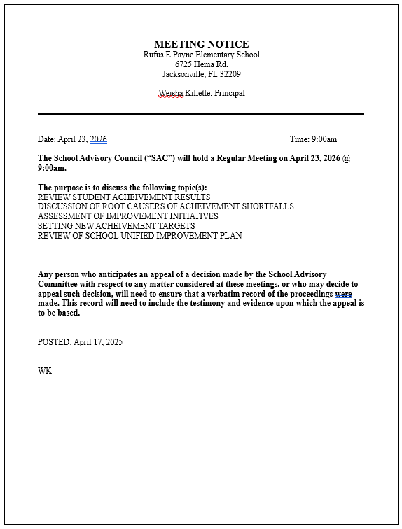 SAC Meeting for Needs Assessment on April 23, 2026 @ 9:00am in the cafeteria. 
