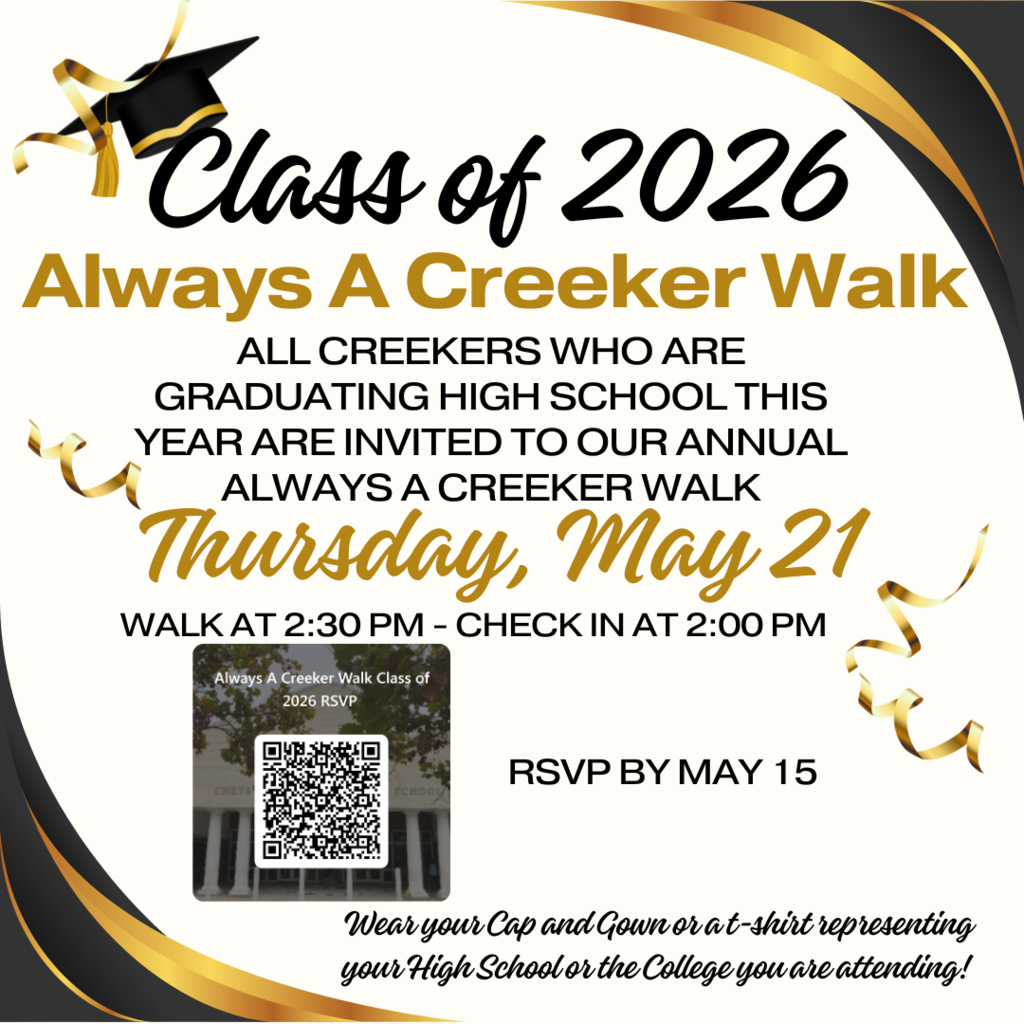 Always a Creeker Walk Class of 2026. May 21. RSVP by May 15. See post for details.