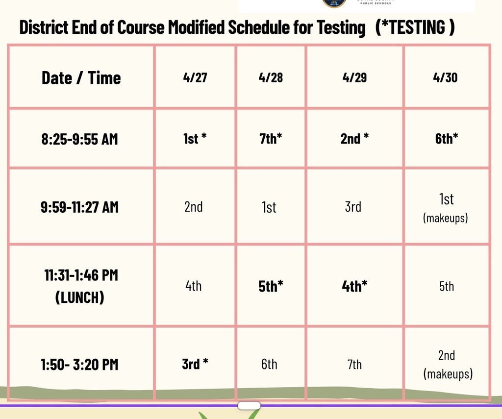 DEOC Testing Schedule