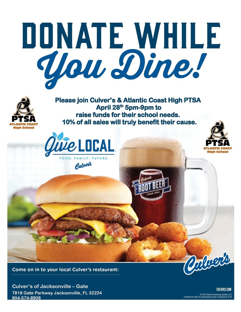 Donate While You Dine! ACHS PTSA Spirit Night at Culver's on Gate Parkway. See post for details.
