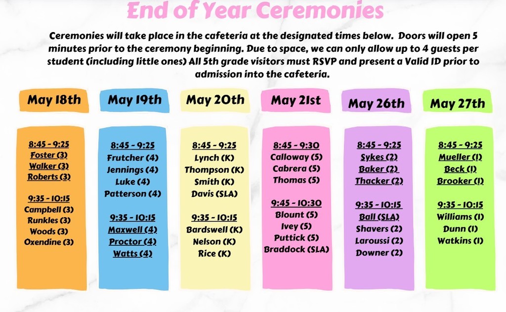 A chart displays End of Year Ceremonies with date, time, and student names for May 18th to May 27th.