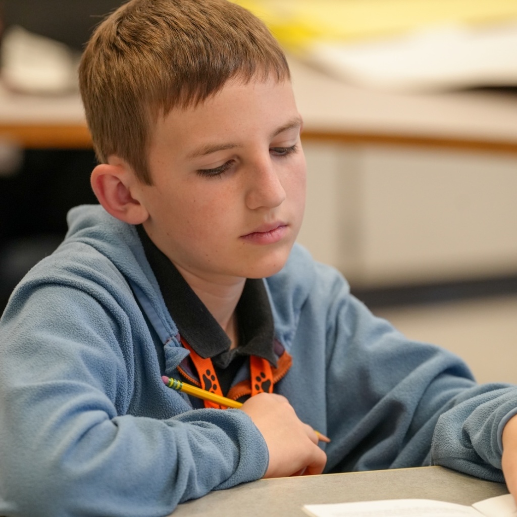 A young boy in a blue hoodie leans over a desk, focusing on writing with a pencil.