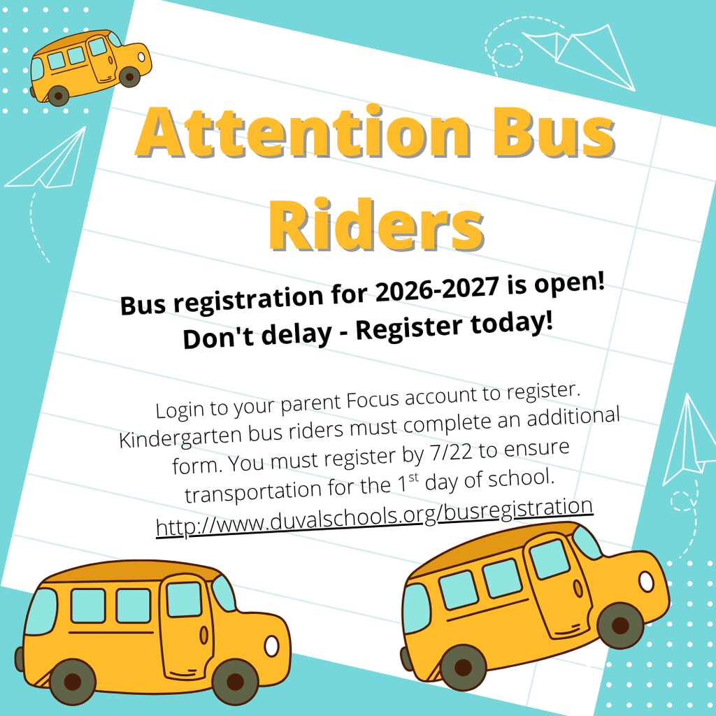 Attention bus Riders - Bus registration for the 2026-2027 is open. Don't delay, Register today. 