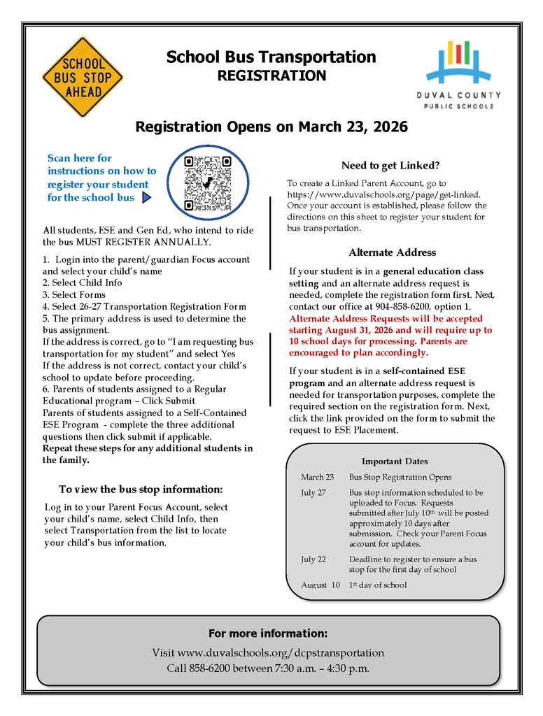 School Bus Transportation REGISTRATION Registration Opens on March 23, 2026