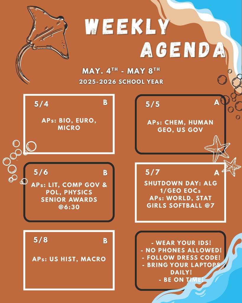ACHS Weekly Agenda for 5-4-26 to 5-8-26. See post for more information.