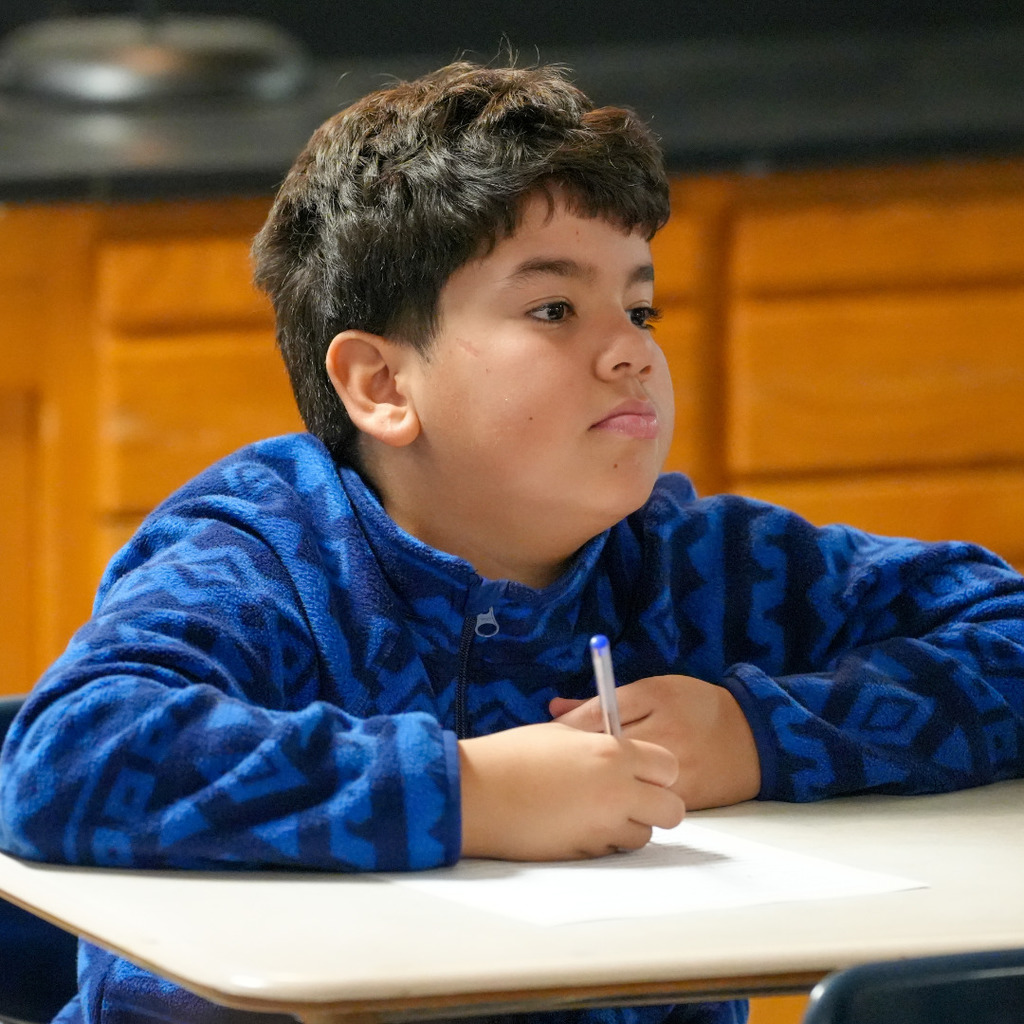 A boy with brown hair sits at a desk, holding a pen, with wooden cabinets in the background.