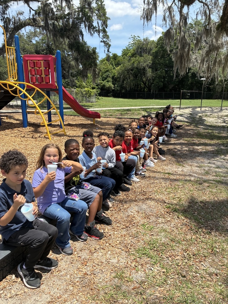 A group of children sitting in a line outdoors, enjoying snow cones.