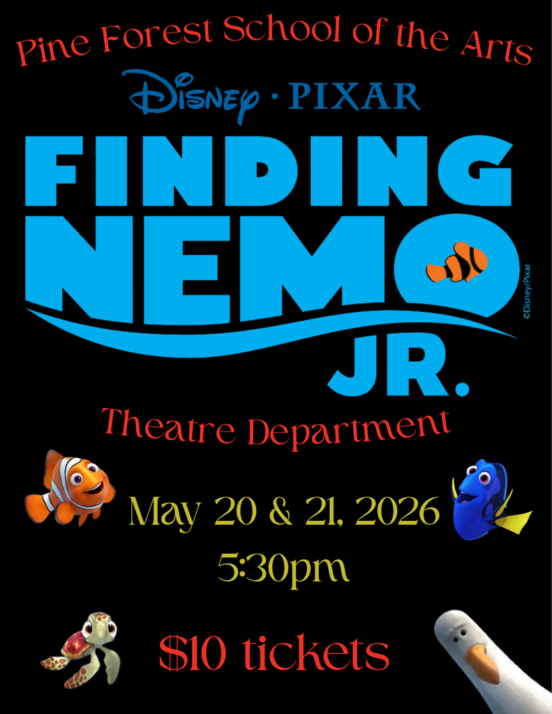Black poster with blue waves. "FINDING NEMO JR." and "Disney Pixar" are in blue. Fish images below. Dates and times are May 20 & 21, 2026, at 5:30pm.