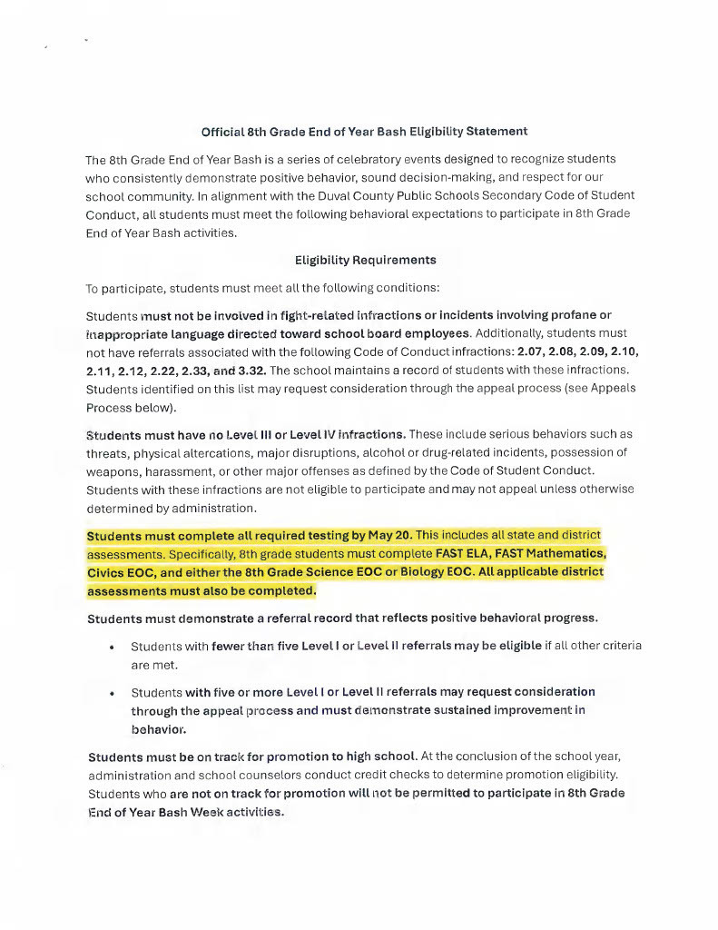 Document displays "Official 8th Grade End of Year Bash Eligibility Statement" in bold. Text outlines eligibility criteria for students, including behavior and academic standards.