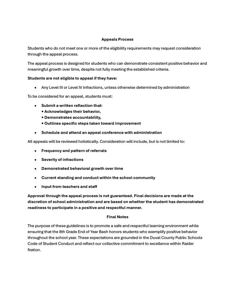 Document titled "Appeals Process" with text describing the process, eligibility, and considerations for student appeals.