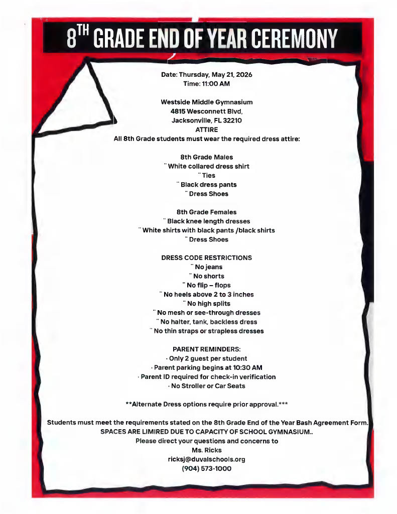 A red and white page with text about the 8th Grade End of Year Ceremony. Details include date, time, and dress code.