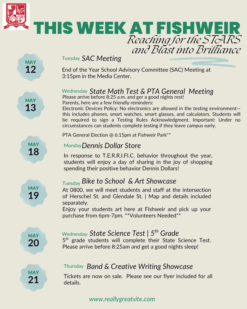 A schedule displays events, including SAC Meeting, Math Test, PTA General Meeting, Dennis Dollar Store, Bike to School, Art Showcase, Science Test, and Band & Creative Writing Showcase.