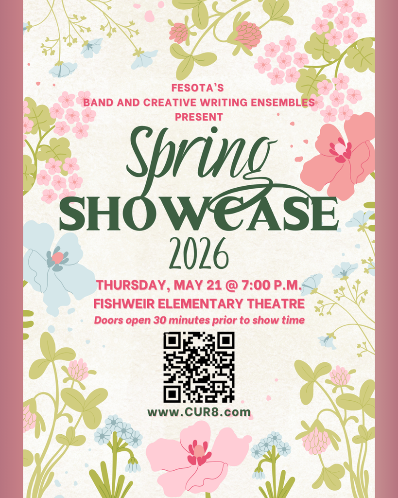 Event flyer with floral patterns. Text: "Spring Showcase 2026." Information about date, time, location, and doors opening.
