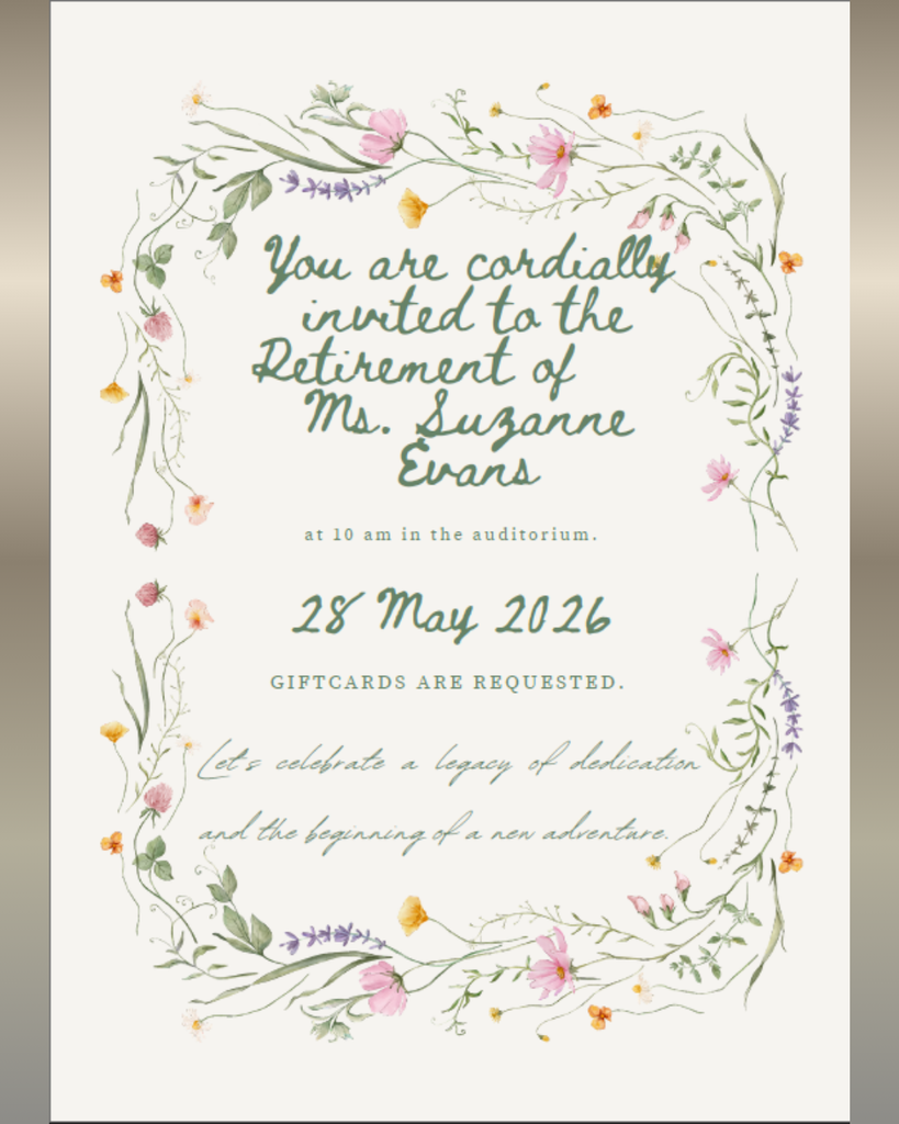 A white wedding invitation with a floral border, text reading "You are cordially invited to the Retirement of Ms. Suzanne Evans," and details about the event.