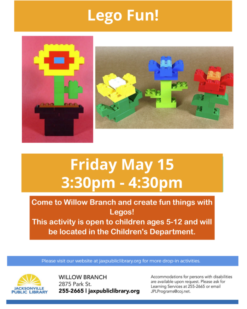 Event poster for "Lego Fun!" on May 15, 3:30-4:30pm. It features Lego creations and invites children ages 5-12 to Willow Branch Library.