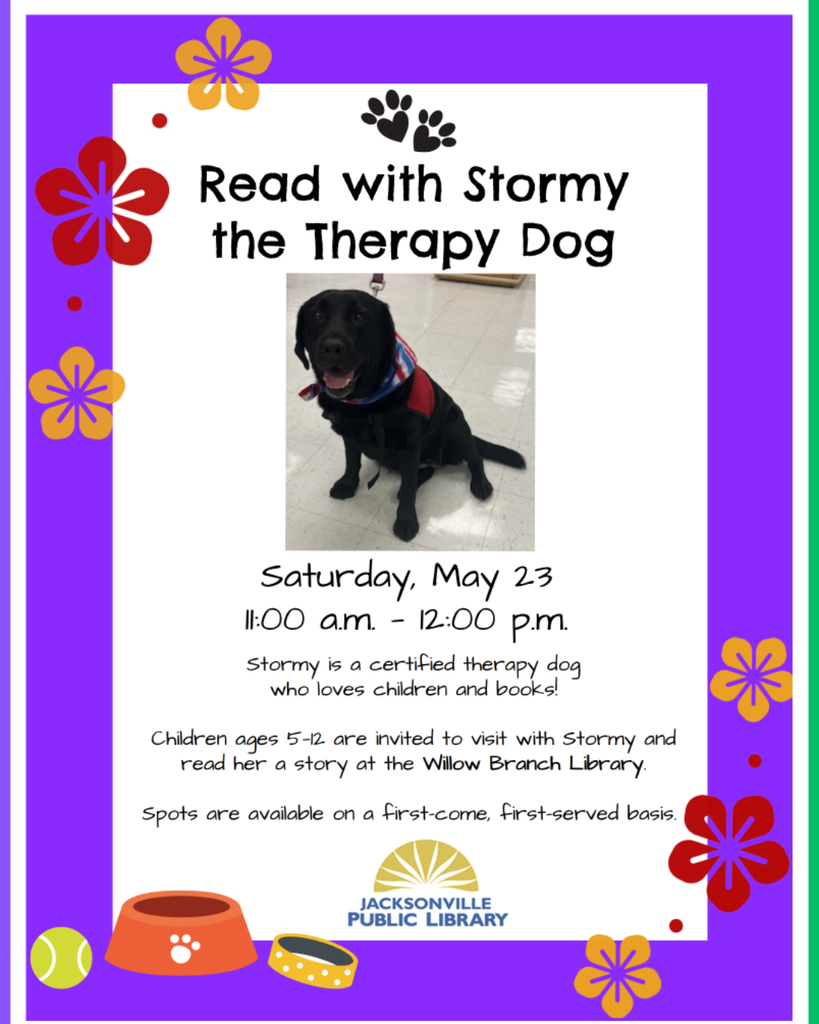 A flyer displays a black dog named Stormy with a blue bandana. Text invites children ages 5-12 to read with Stormy.