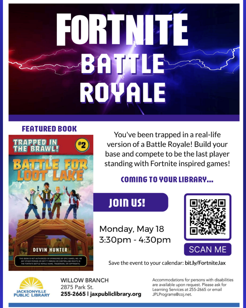 A Fortnite Battle Royale event at a library is shown. The date is May 18, 3:30-4:30 pm. A book is featured.