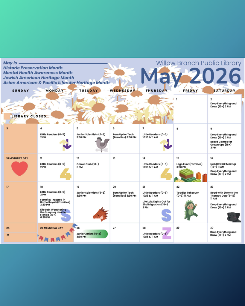 Calendar for May 2026 at Willow Branch Public Library. Days and dates are listed with icons.