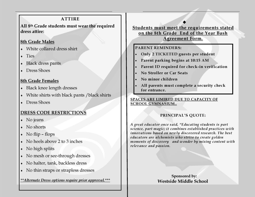 A printed page from a dress code document includes sections on required attire, reminders for parents, and dress code restrictions for students.