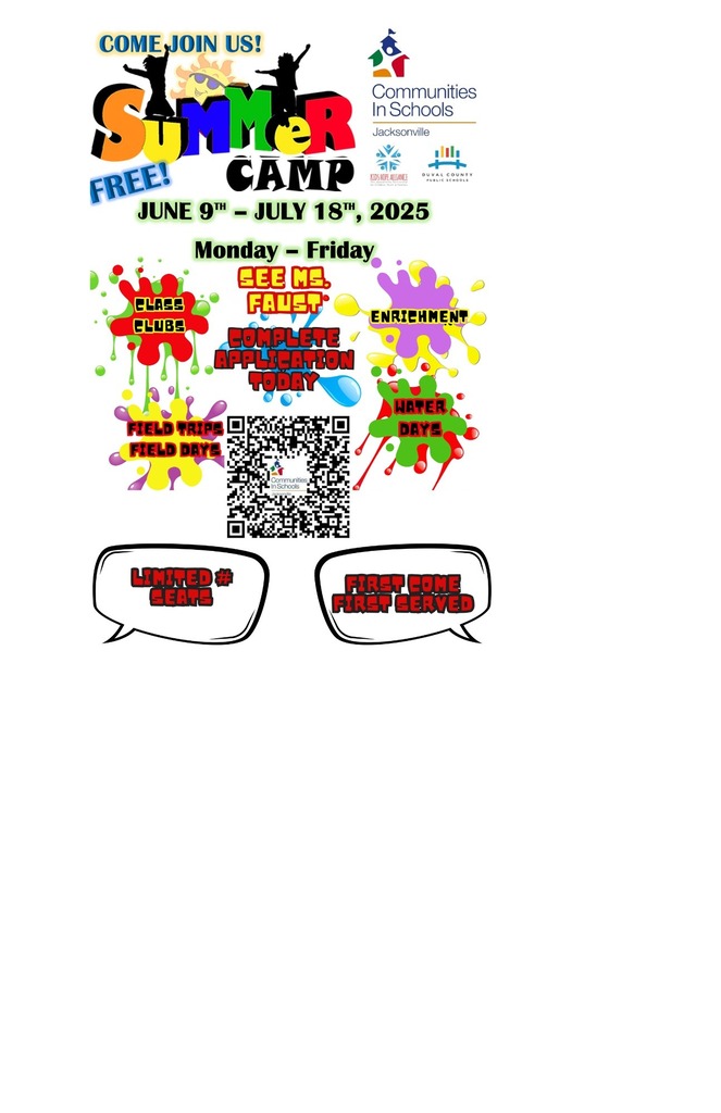 A poster with vibrant colors advertises a free Summer Camp. It includes dates, a QR code, and logos. The background is white.