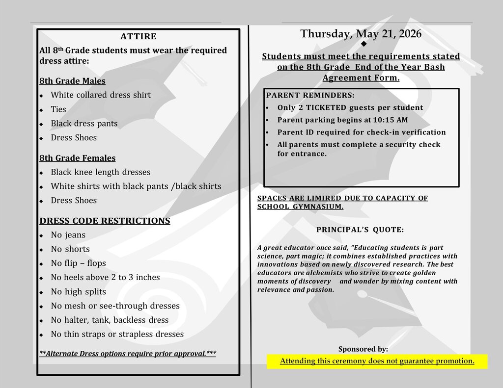 A document with black text on a white background. It contains sections titled "ATTIRE" and "PARENT REMINDERS" with detailed dress code requirements for students.
